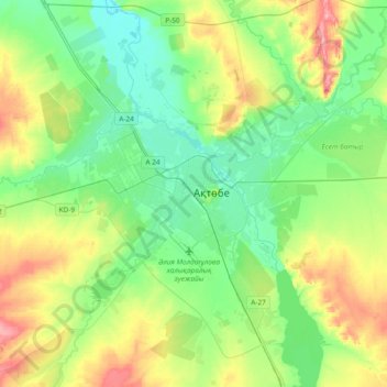 Топографическая карта Актобе, высота, рельеф