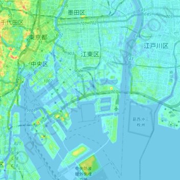 Топографическая карта 江東区, высота, рельеф