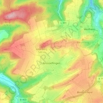 Топографическая карта Grosselfingen, высота, рельеф