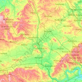 Топографическая карта Oxfordshire, высота, рельеф