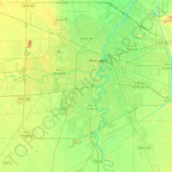 Топографическая карта Виннипег, высота, рельеф