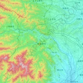Топографическая карта Сагамихара, высота, рельеф