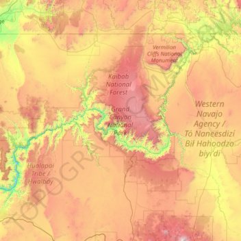 Топографическая карта Grand Canyon National Park, высота, рельеф