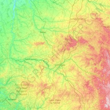 Топографическая карта Haute-Vienne, высота, рельеф
