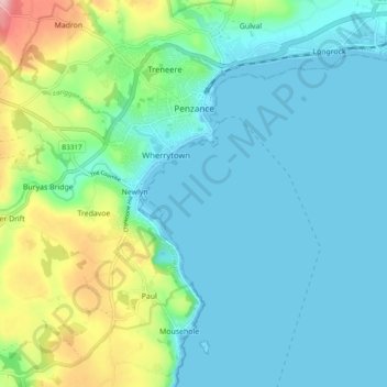 Топографическая карта Penzance, высота, рельеф