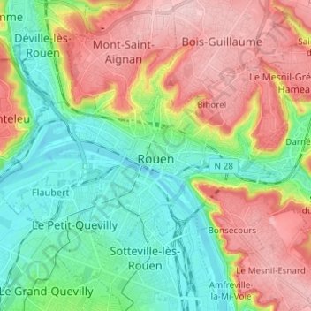 Топографическая карта Rouen, высота, рельеф