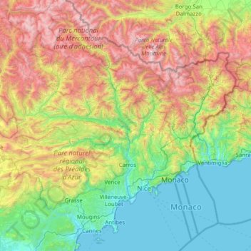 Топографическая карта Alpes-Maritimes, высота, рельеф
