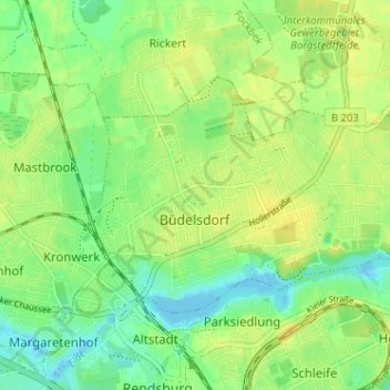 Топографическая карта Büdelsdorf, высота, рельеф