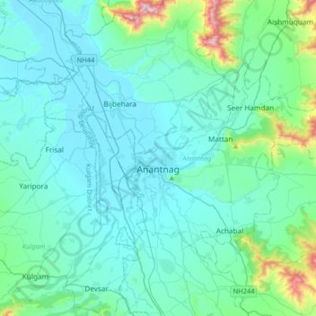 Топографическая карта Anantnag, высота, рельеф