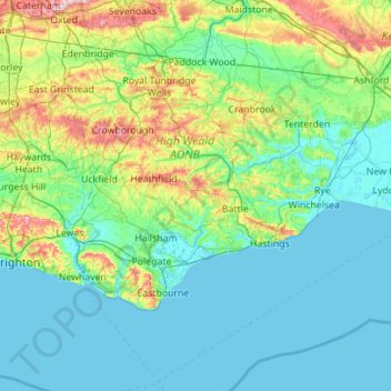 Топографическая карта East Sussex, высота, рельеф
