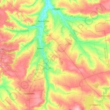 Топографическая карта Бахмутская городская община, высота, рельеф