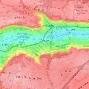 Топографическая карта Orsay, высота, рельеф