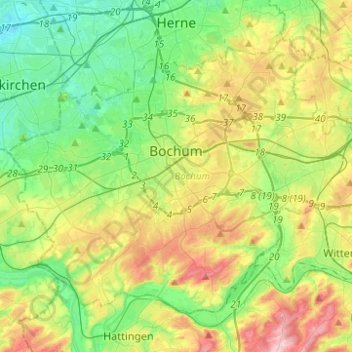 Топографическая карта Bochum, высота, рельеф