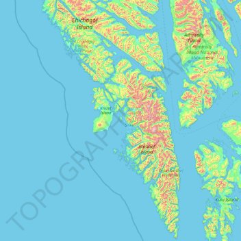 Топографическая карта Sitka, высота, рельеф