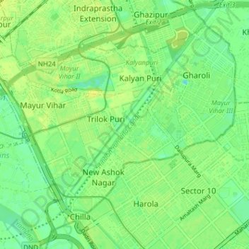 Топографическая карта Mayur Vihar Tehsil, высота, рельеф