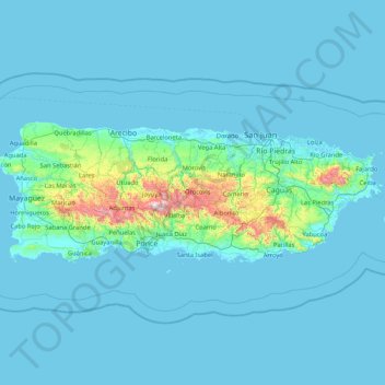 Топографическая карта Puerto Rico, высота, рельеф