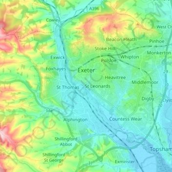 Топографическая карта Exeter, высота, рельеф