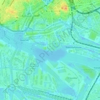 Топографическая карта HafenCity, высота, рельеф