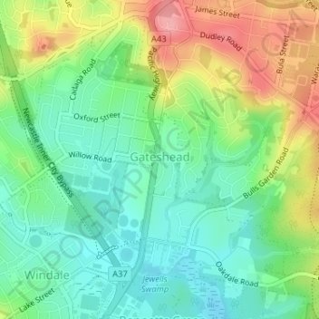 Топографическая карта Gateshead, высота, рельеф