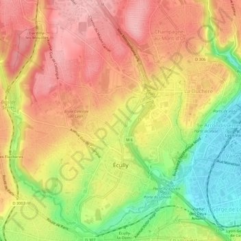 Топографическая карта Écully, высота, рельеф