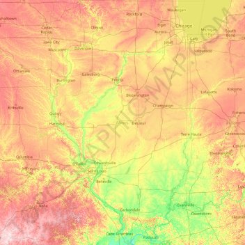 Топографическая карта Иллинойс, высота, рельеф