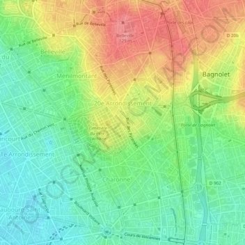 Топографическая карта Paris 20e Arrondissement, высота, рельеф