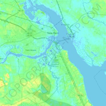 Топографическая карта New Bern, высота, рельеф