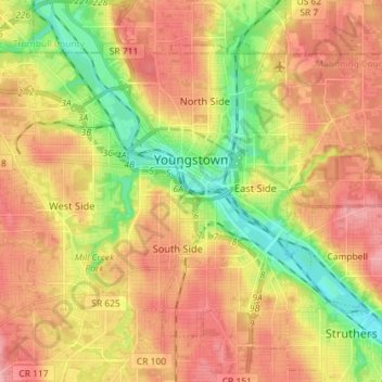 Топографическая карта Youngstown, высота, рельеф