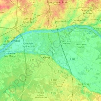 Топографическая карта Орлеан, высота, рельеф