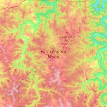 Топографическая карта Fort Leonard Wood, высота, рельеф