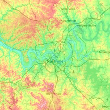 Топографическая карта Nashville-Davidson, высота, рельеф