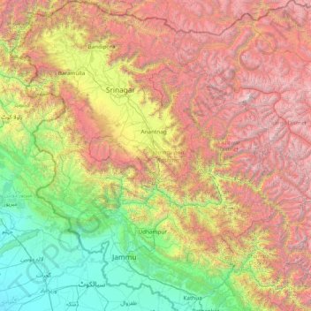 Топографическая карта Jammu and Kashmir, высота, рельеф