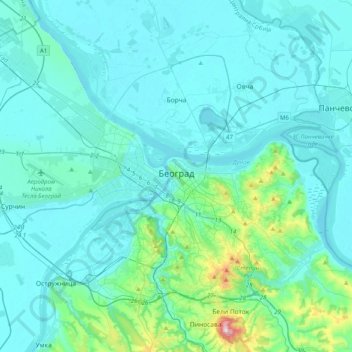 Топографическая карта Белград, высота, рельеф