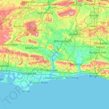 Топографическая карта West Sussex, высота, рельеф