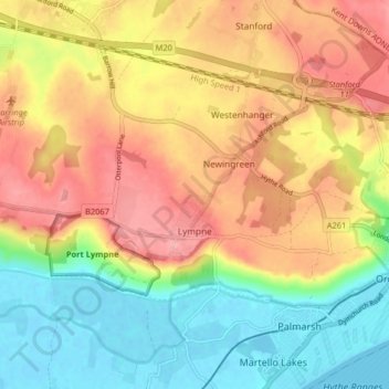 Топографическая карта Lympne, высота, рельеф