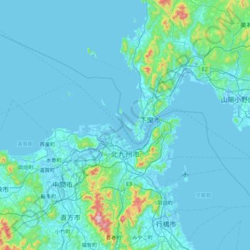 Топографическая карта 北九州市, высота, рельеф
