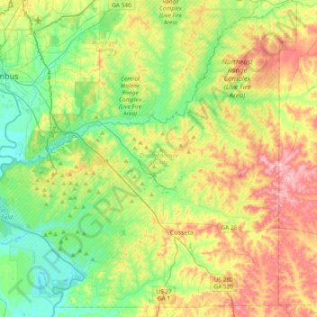 Топографическая карта Chattahoochee County, высота, рельеф