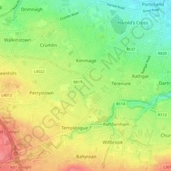 Топографическая карта Dublin 6W, высота, рельеф