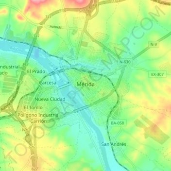 Топографическая карта Mérida, высота, рельеф