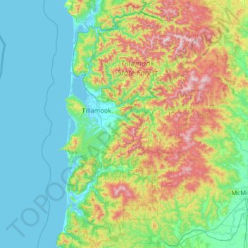 Топографическая карта Tillamook County, высота, рельеф