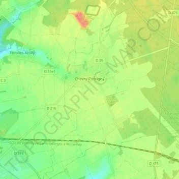 Топографическая карта Chevry-Cossigny, высота, рельеф