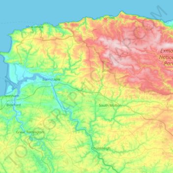 Топографическая карта North Devon, высота, рельеф