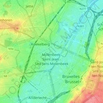 Топографическая карта Sint-Jans-Molenbeek, высота, рельеф
