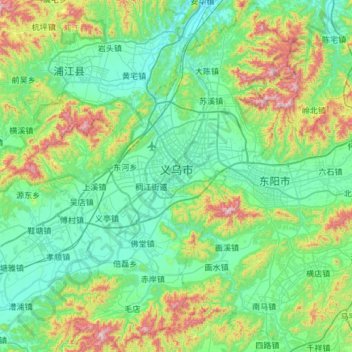 Топографическая карта 义乌市, высота, рельеф