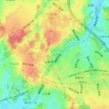 Топографическая карта 日野南四丁目, высота, рельеф