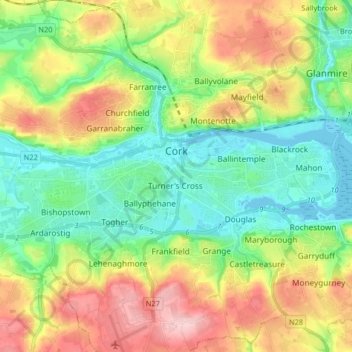Топографическая карта Cork City, высота, рельеф