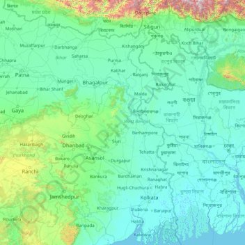 Топографическая карта West Bengal, высота, рельеф