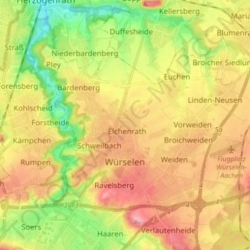 Топографическая карта Würselen, высота, рельеф
