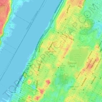 Топографическая карта Upper West Side, высота, рельеф
