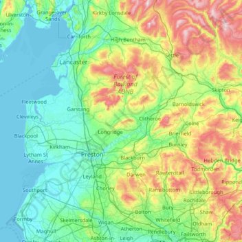 Топографическая карта Lancashire, высота, рельеф